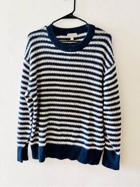 J. Crew Navy and White Striped Crewneck Sweater.